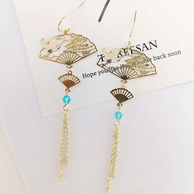 Vintage Chinese Style Flower Fan Earrings for Women Cute Asymmetrical Crane Cat Drop Earring 2022 New Trend Charm Jewelry