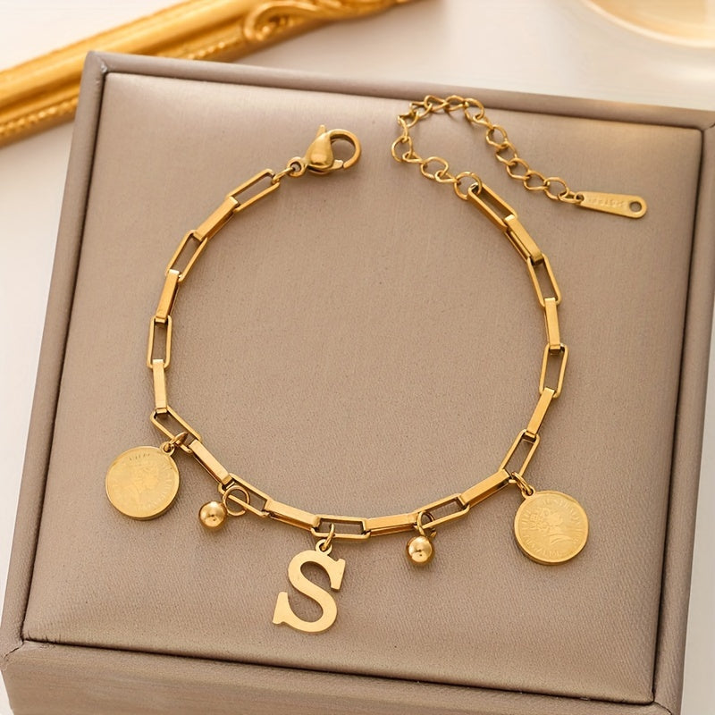 [Popular Choice] 1pc Chic Golden-Toned Stainless Steel Bracelet for Women - Hip-Hop Inspired with "S" Letter & Round Charms - Ideal Gift for Girls, Family & Friends - Exquisite Jewelry Accessory