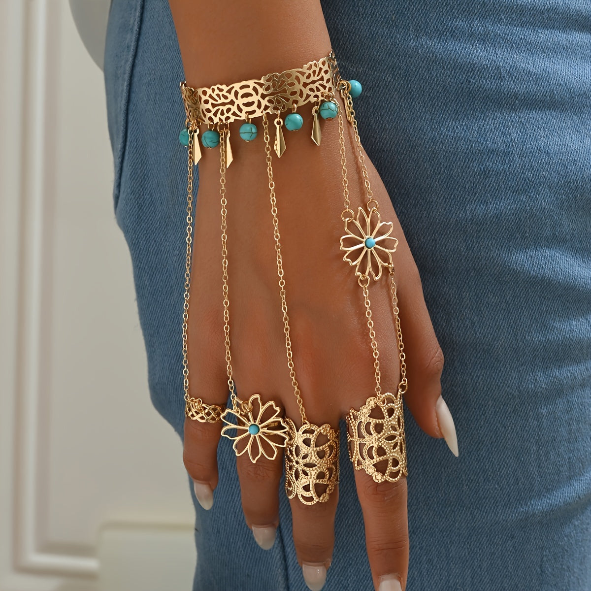 Boho-Chic Golden Hollow Floral Finger Bracelet with Blue Turquoise Tassel - Alloy, Resin Inlay for Vacation & Party Wear