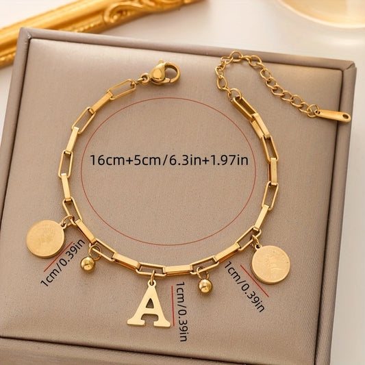[Popular Choice] 1pc Chic Golden-Toned Stainless Steel Bracelet for Women - Hip-Hop Inspired with "S" Letter & Round Charms - Ideal Gift for Girls, Family & Friends - Exquisite Jewelry Accessory