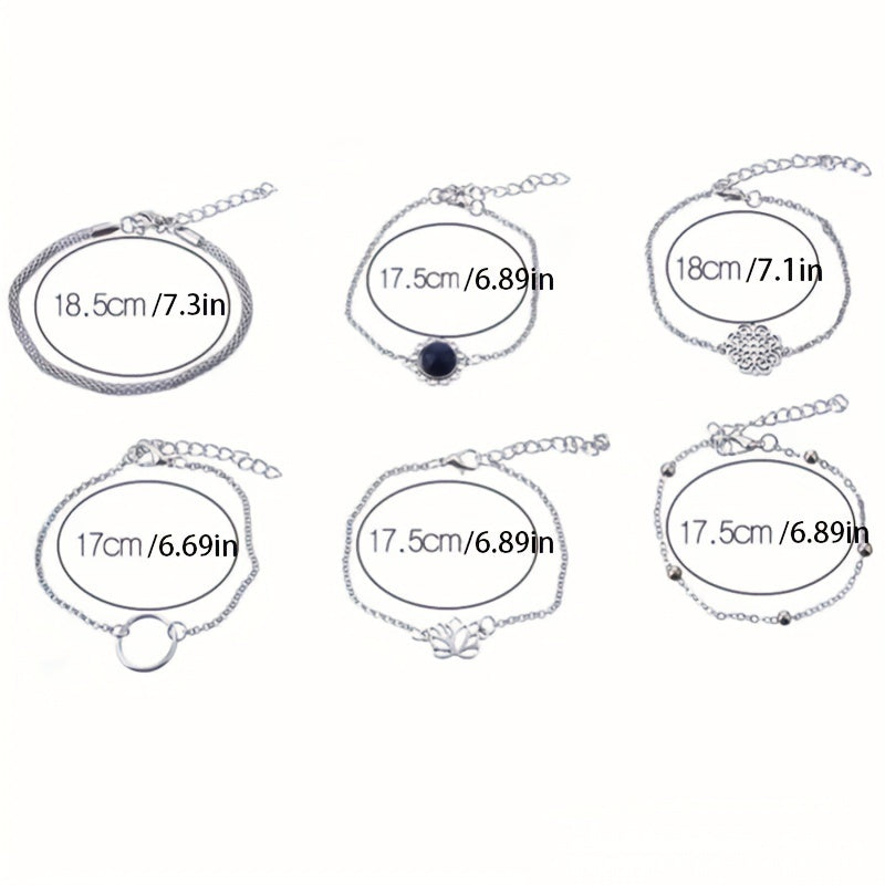 Six-piece Bohemian Ethnic Style Personalized Bracelet Set with Simple Hollow Lotus Leaf Round Stone Flower Pieces