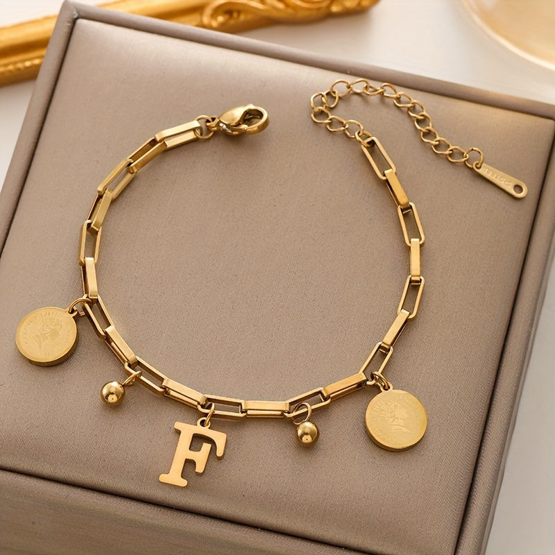 [Popular Choice] 1pc Chic Golden-Toned Stainless Steel Bracelet for Women - Hip-Hop Inspired with "S" Letter & Round Charms - Ideal Gift for Girls, Family & Friends - Exquisite Jewelry Accessory