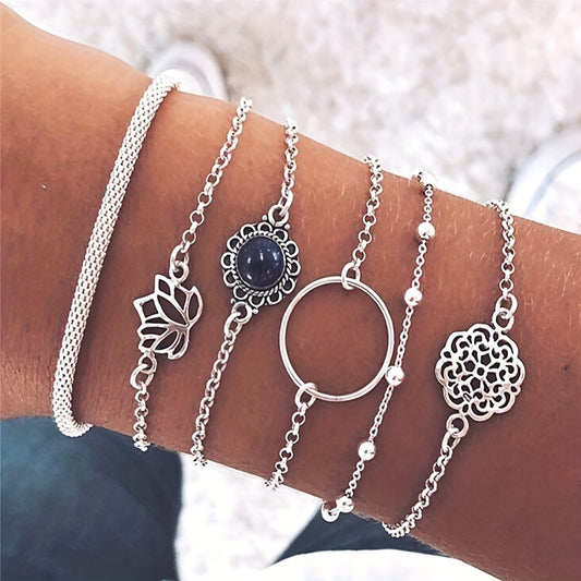 Six-piece Bohemian Ethnic Style Personalized Bracelet Set with Simple Hollow Lotus Leaf Round Stone Flower Pieces