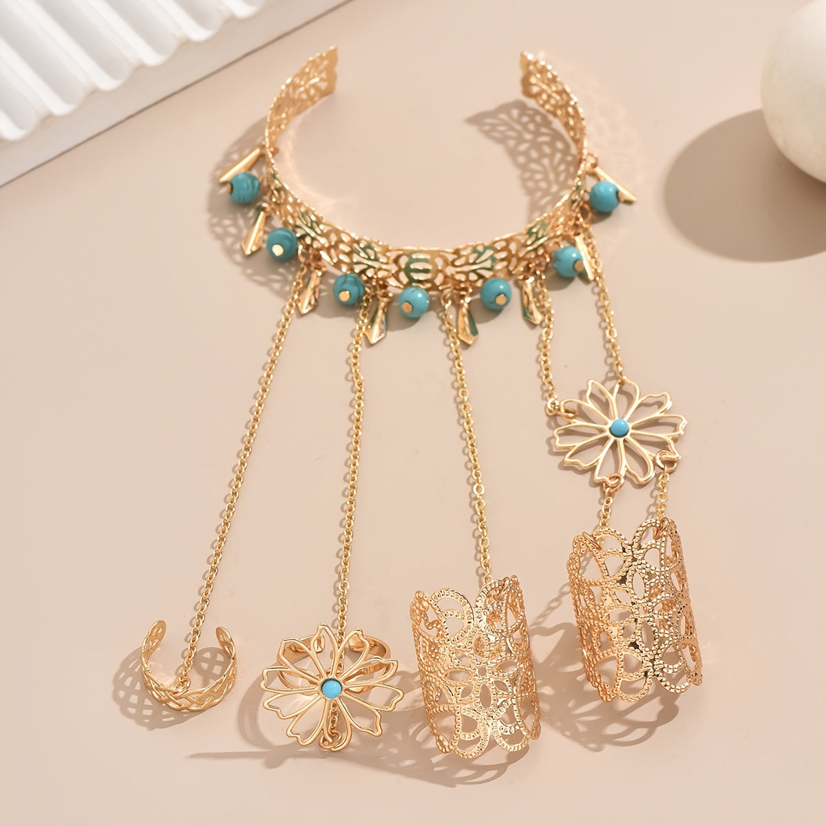 Boho-Chic Golden Hollow Floral Finger Bracelet with Blue Turquoise Tassel - Alloy, Resin Inlay for Vacation & Party Wear