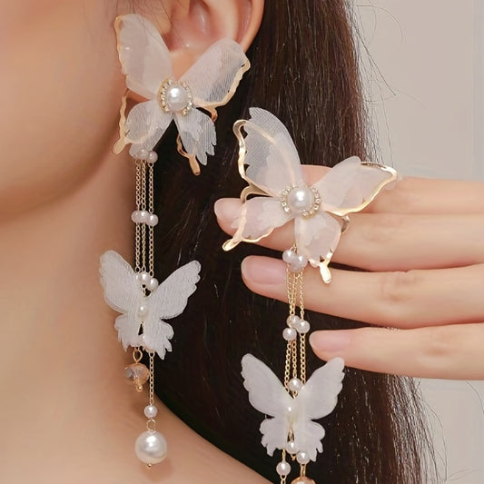 Elegant Butterfly Tassel Earrings with Crystal & Faux Pearl Accents, 925 Silver Posts - Perfect for Casual Attire or Parties, Pearl, Earrings, Elegant Style